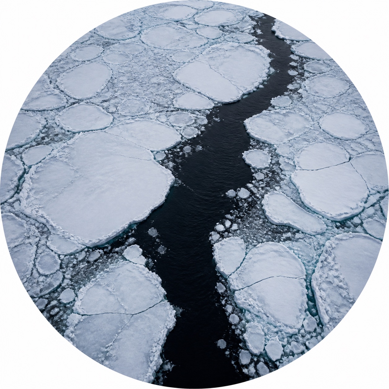 Aerial view of fractured sea ice around a dark channel of water