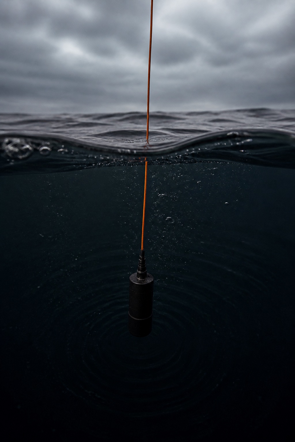 A black hydrophone suspended below dark Arctic seawater